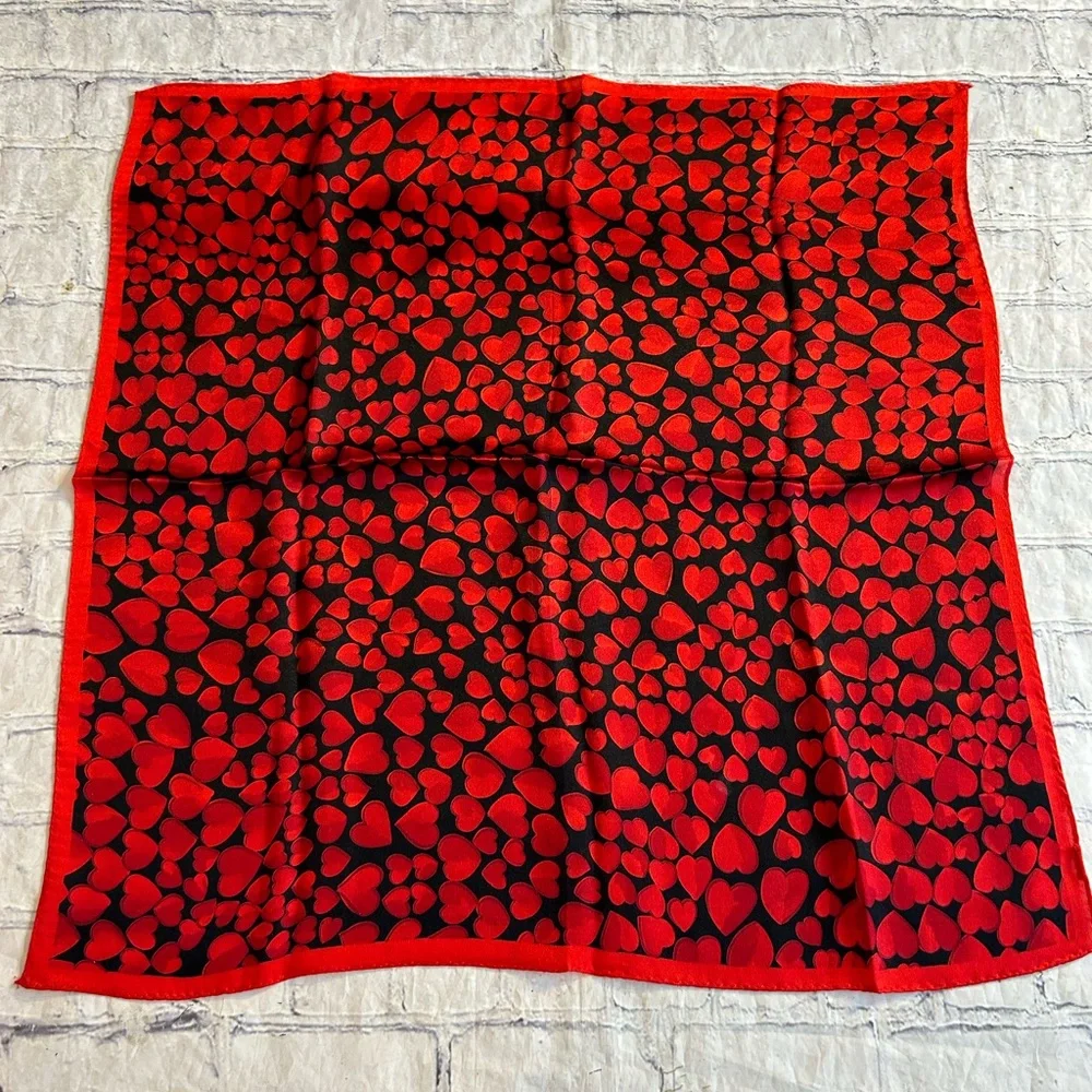 RED HEARTS ON BLACK BACKGROUND SILK SMALL SQUARE SCARF - Picture 5 of 6